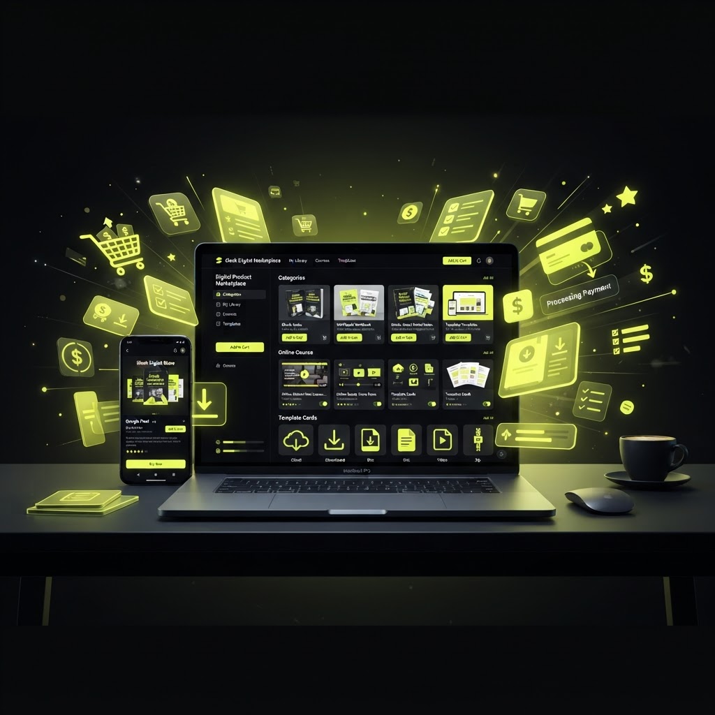 Creator selling digital products like ebooks, templates, and courses through an online storefront with Kitzio