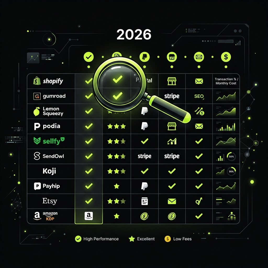 Comparison of the best platforms for selling digital products in 2026, showing features, pricing, and capabilities