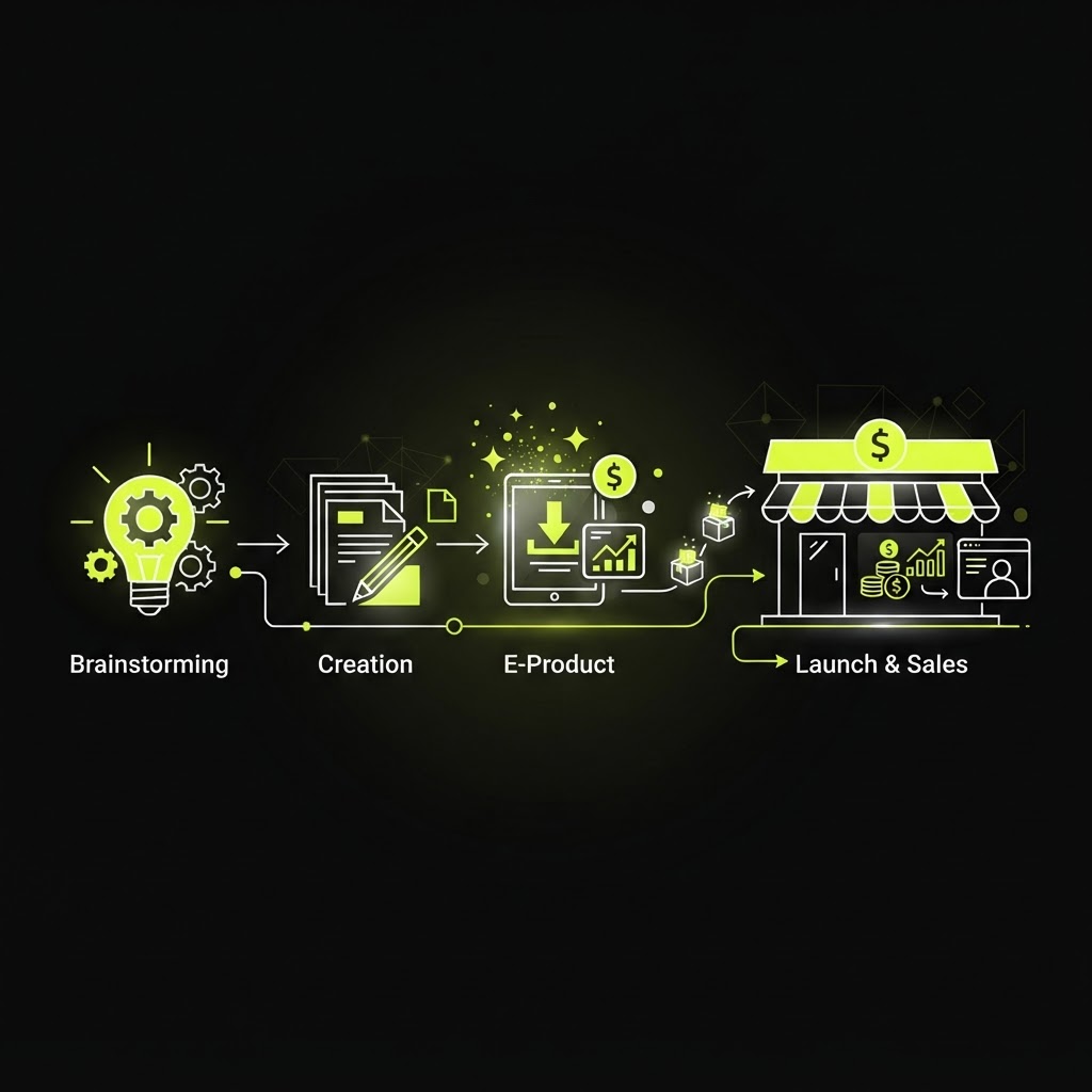 Guide to creating and selling digital products, showing product creation, pricing, and marketing workflow