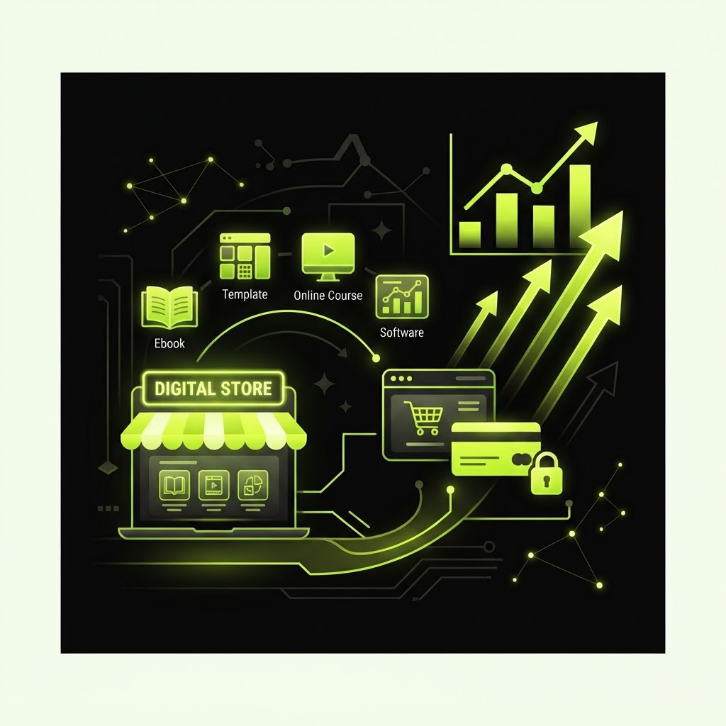 Step-by-step guide to selling digital products online, showing storefront setup, product upload, and checkout flow