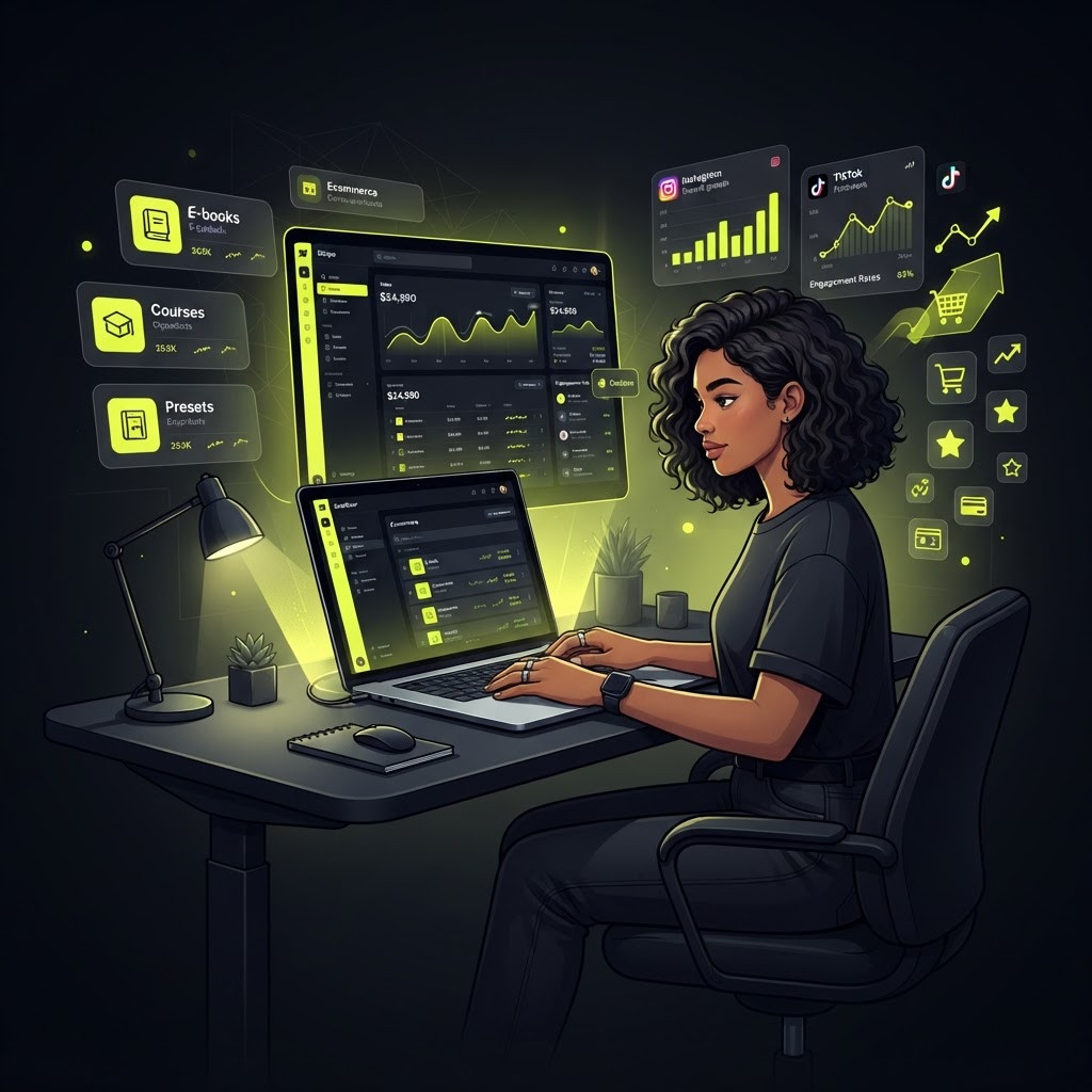 Creator building an online store with Kitzio digital commerce platform, showing dashboard, analytics, and digital products