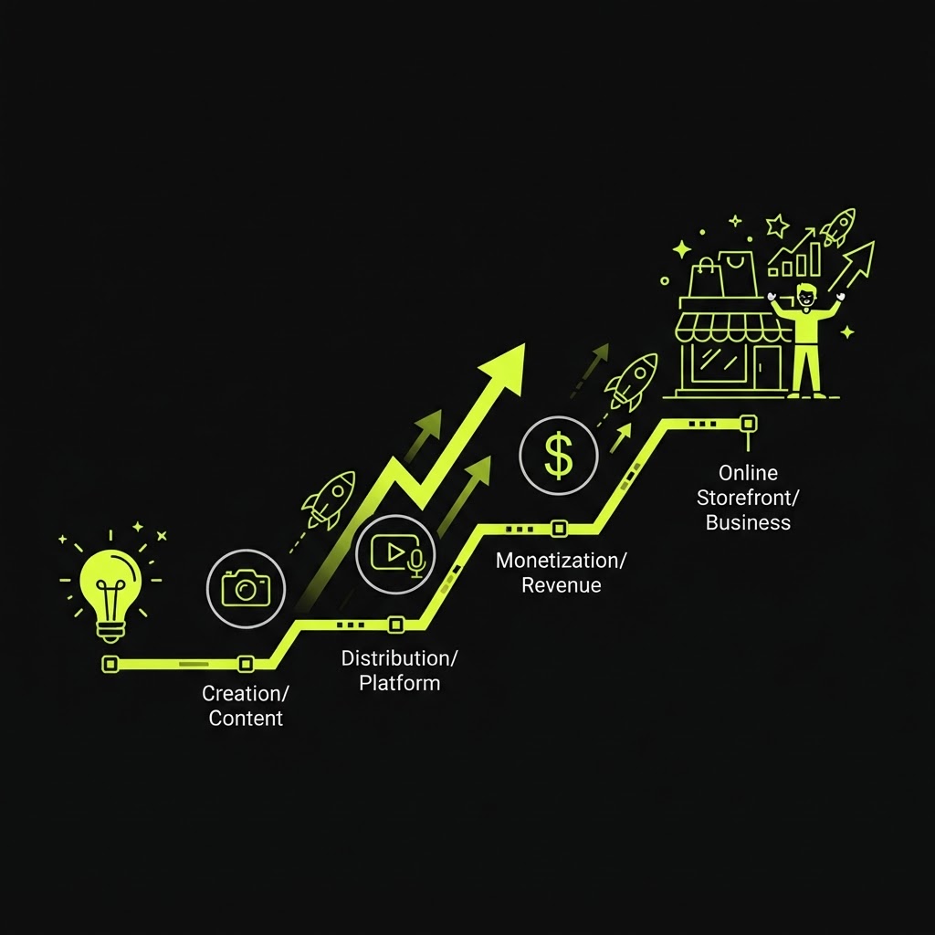 Roadmap for starting an online creator business, showing storefront, products, audience, and revenue growth