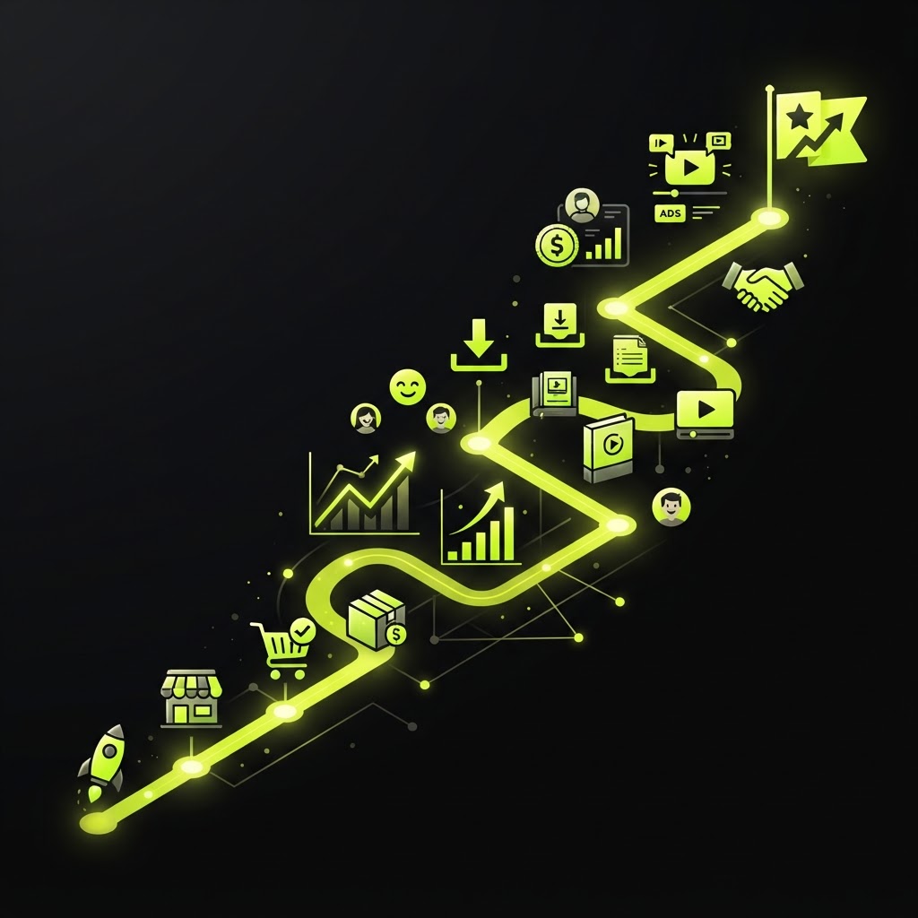 Ecommerce growth roadmap showing sales charts, customer journey, and digital product monetization with Kitzio