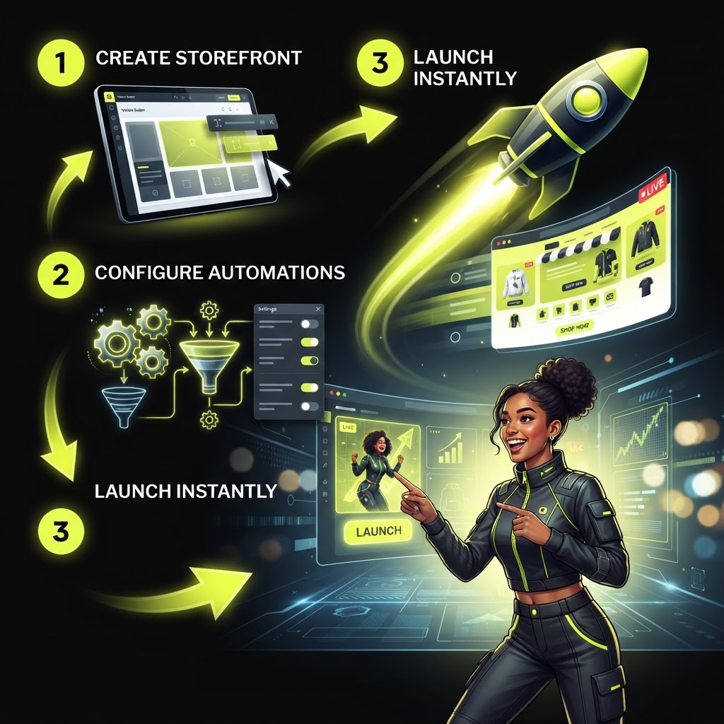 Fast launch workflow showing website builder steps and automation for quickly launching an online store with Kitzio