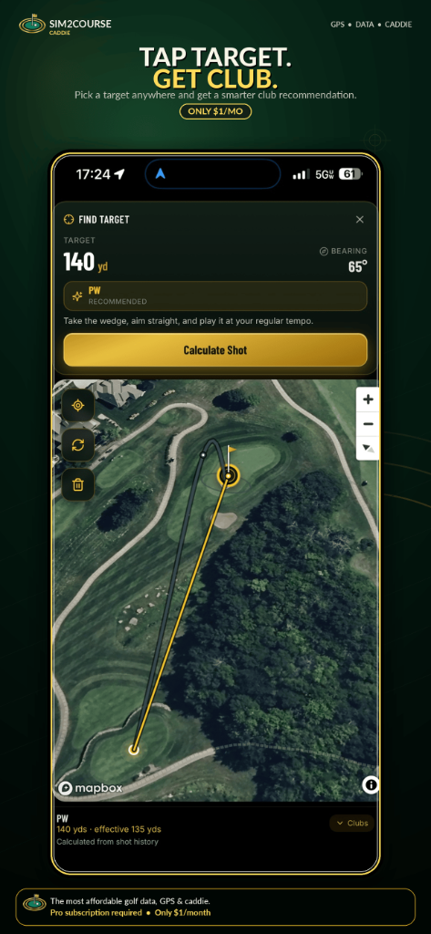 Tap Target. Get Club. — Sim2Course GPS caddie at any golf course