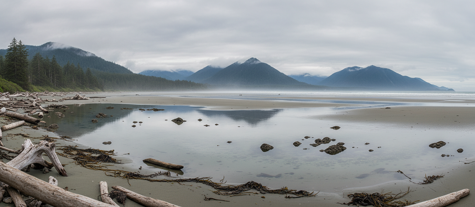 Misty Pacific Northwest coastline at low tide