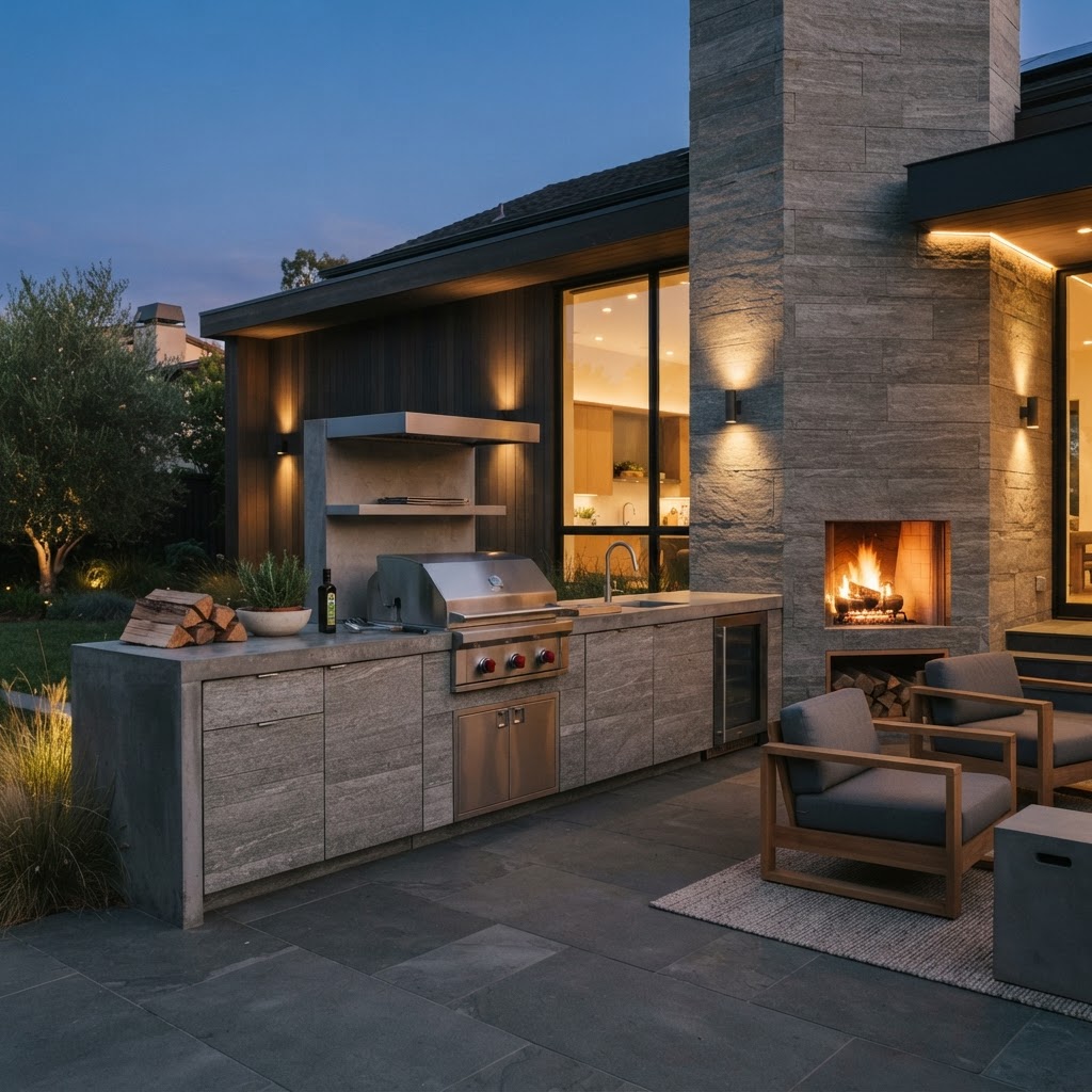 Outdoor Kitchen & Fireplace — Outdoor Living by Vida Construction