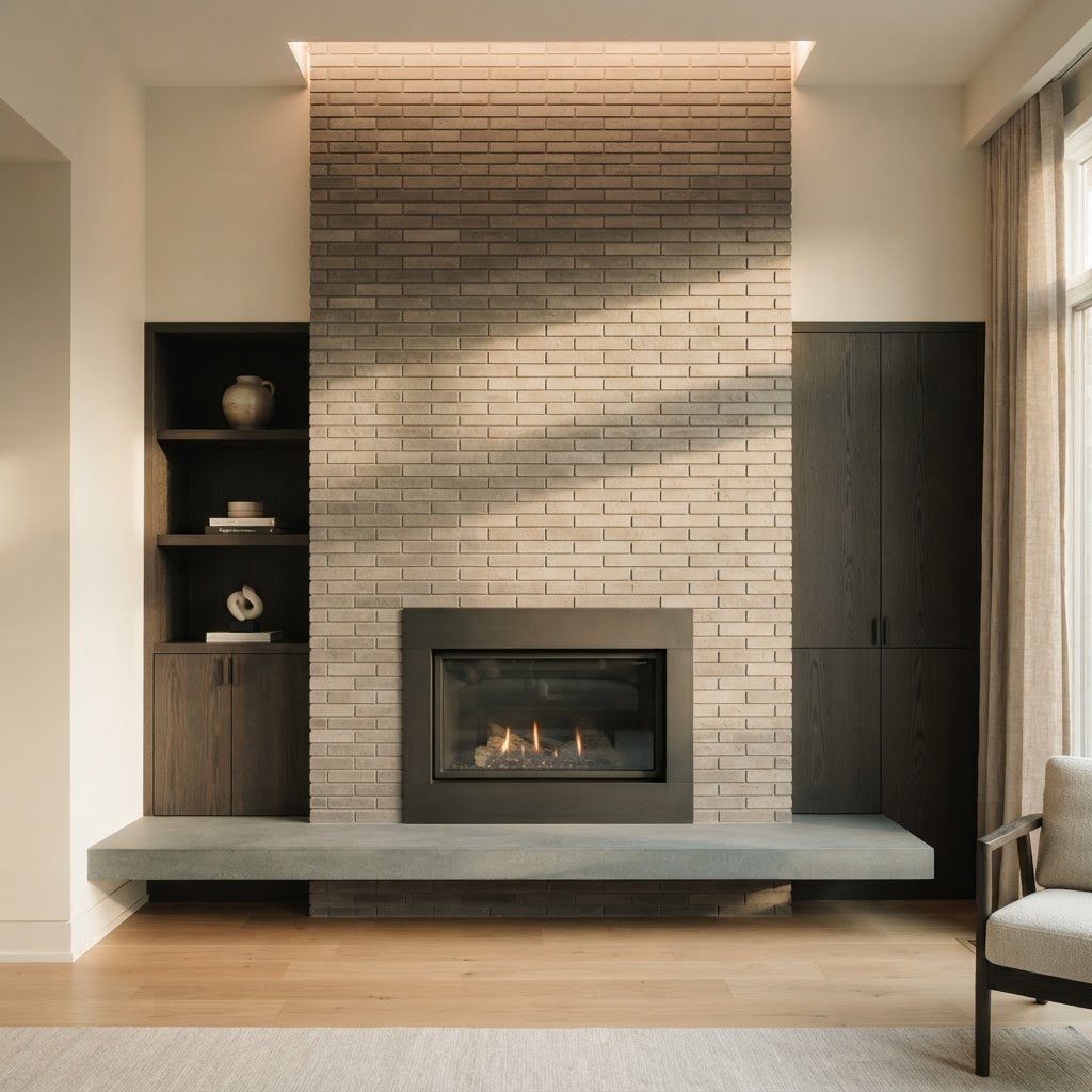Thin brick accent wall and fireplace surround installation