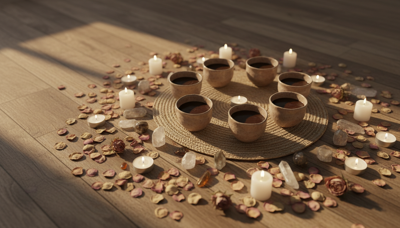 Overhead view of a ceremonial cacao circle with ceramic cups, rose petals, crystals, and candles