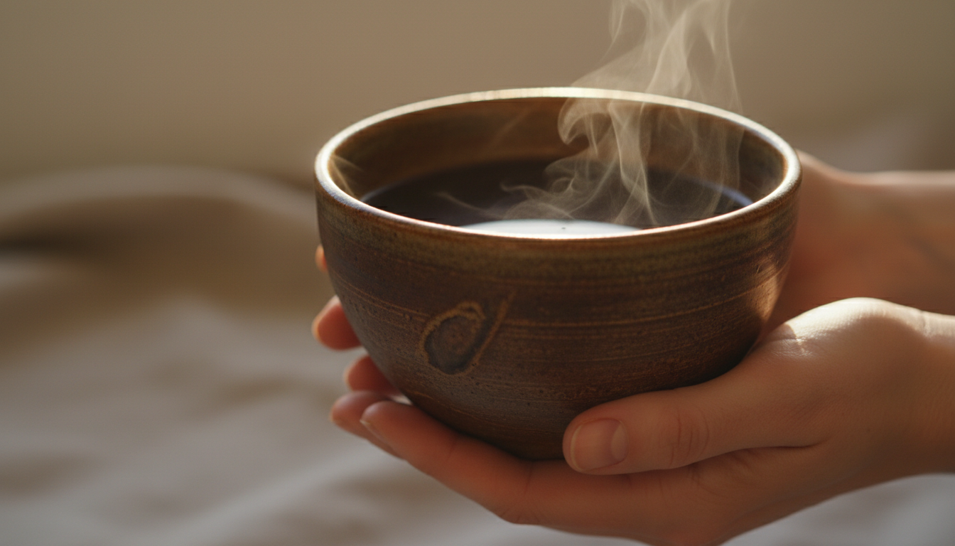 Ceremonial cacao in a handmade ceramic bowl with warm steam rising in soft morning light