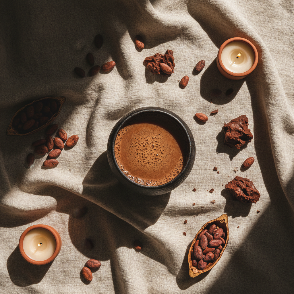 Raw cacao beans on natural linen with warm earthy tones