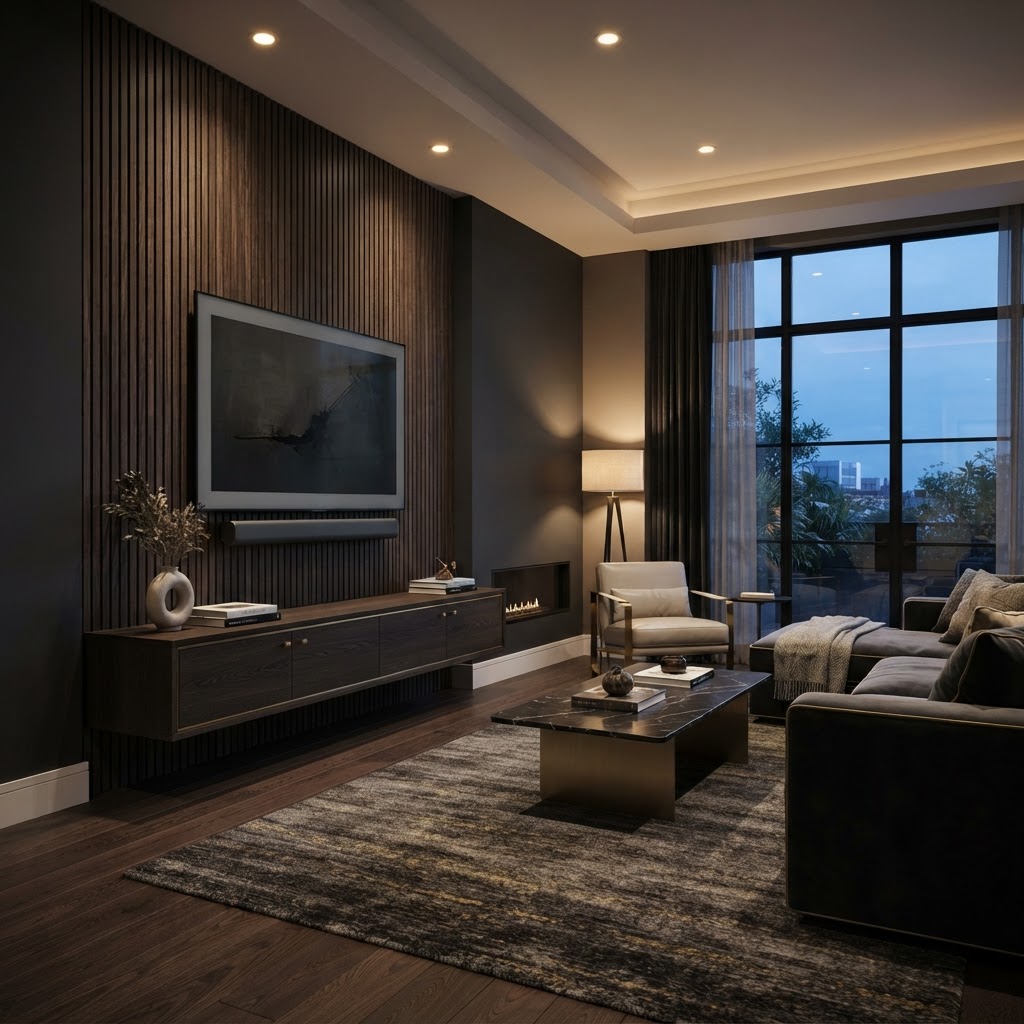 Pristine modern living room with wall-mounted TV and soundbar