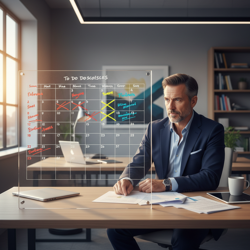 A man in his late 40s or early 50s, looking reflective but determined, sitting at a desk with a complex calendar or to-do list, perhaps with some items highlighted or crossed out, symbolizing prioritization.