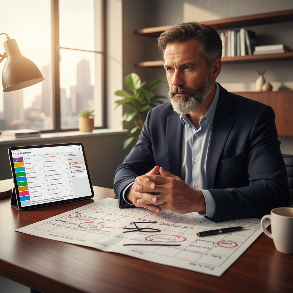 A man in his late 40s or early 50s, looking reflective but determined, sitting at a desk with a complex calendar or to-do list, perhaps with some items highlighted or crossed out, symbolizing prioritization.