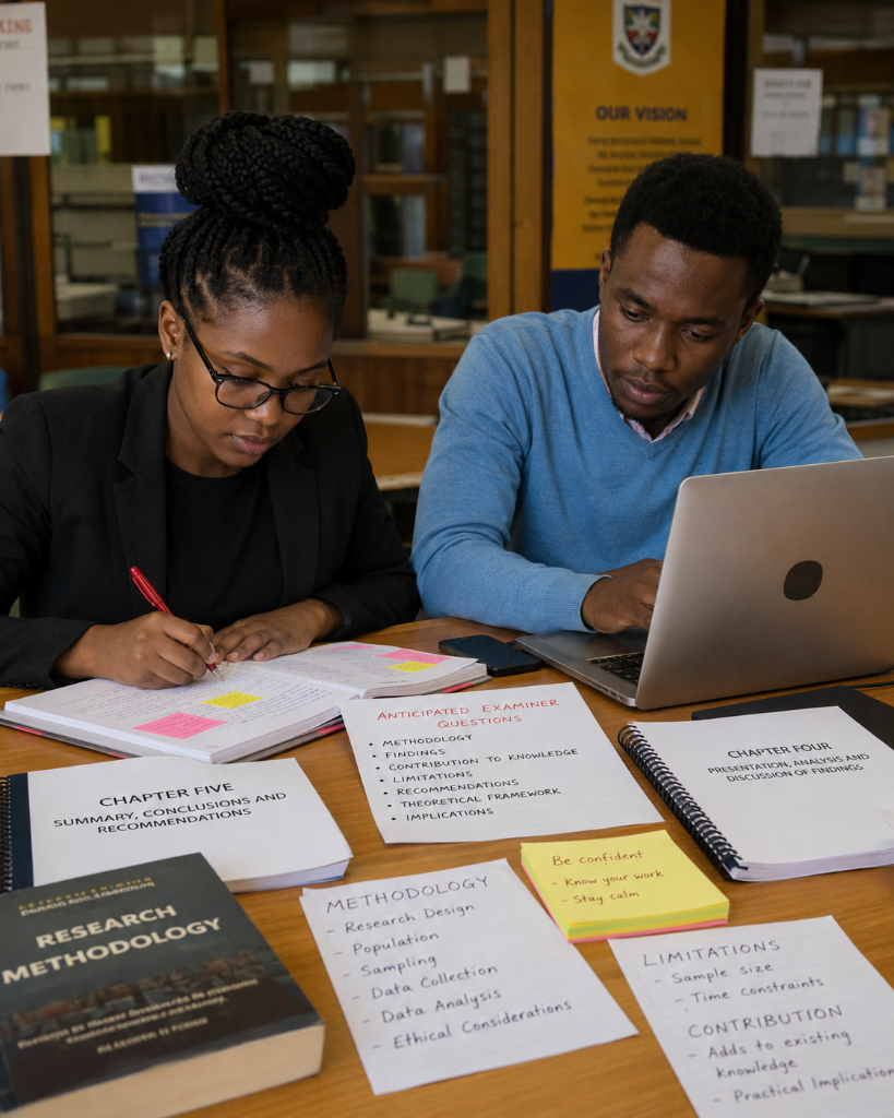 Candidate presenting findings to thesis committee