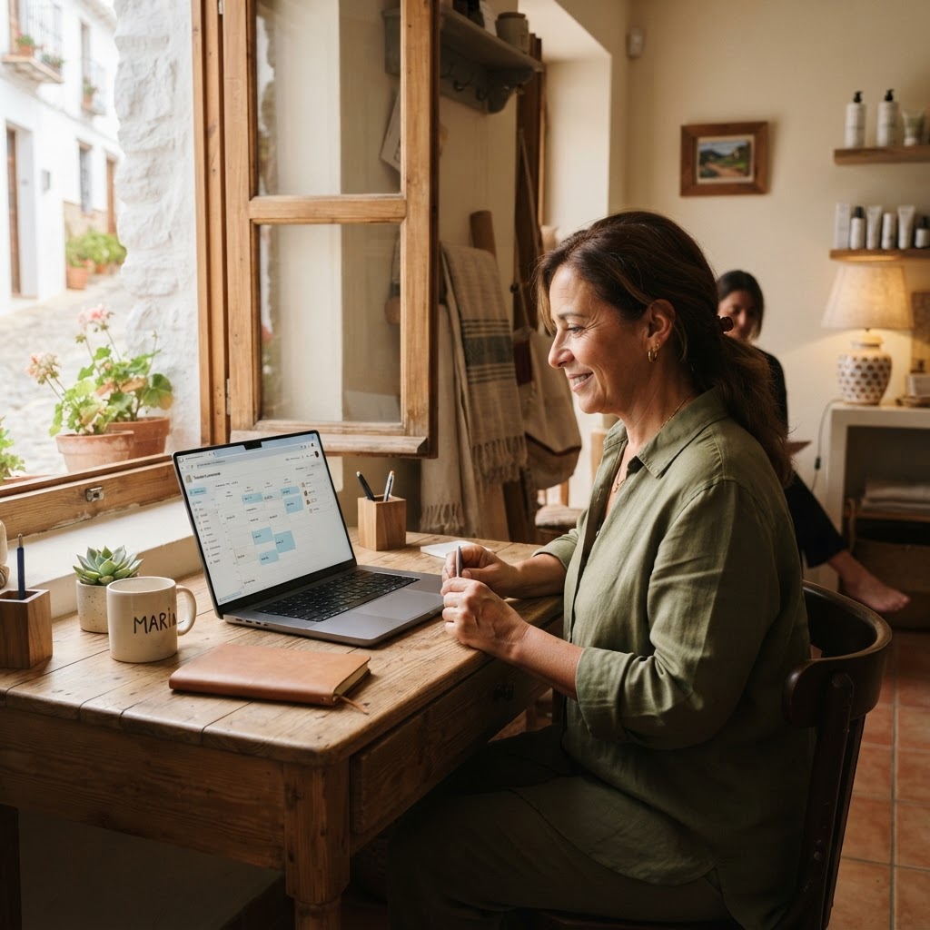 A local salon owner in Andalucía reviewing a clean booking calendar on a laptop at their reception desk.