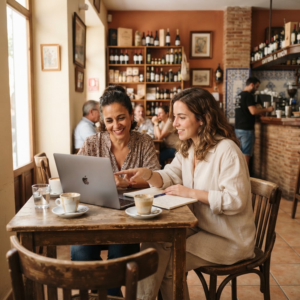 A local business owner collaborating over coffee with a digital marketing strategist in Andalucía, Spain.