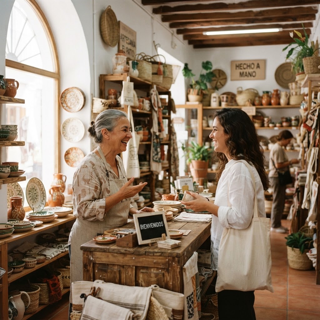 A local artisan shop owner chatting with a customer inside a boutique in Andalucía, Spain.