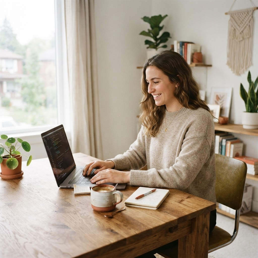 A freelancer working on a laptop in a bright home office, warm and approachable atmosphere.