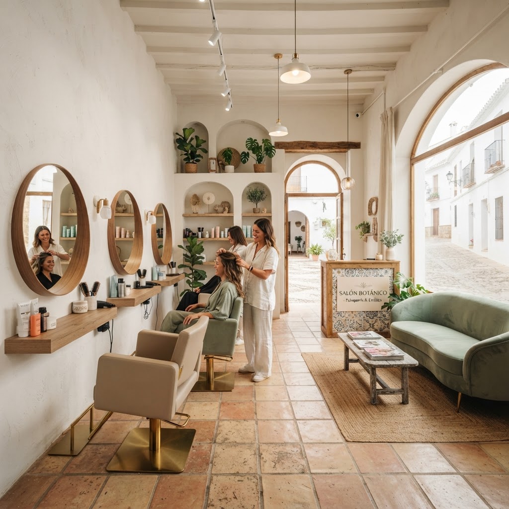 A modern beauty salon interior in Andalucía with elegant styling chairs and warm lighting.