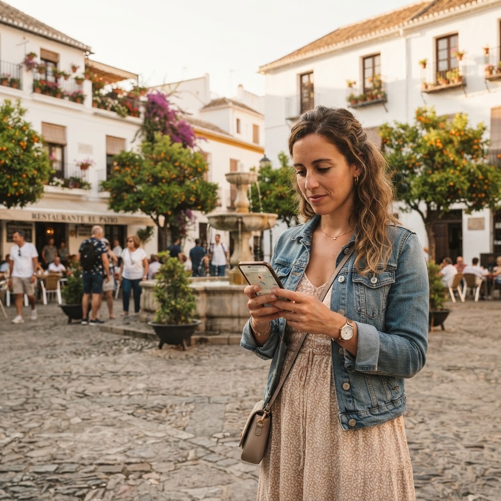 A tourist in a sunny Andalusian plaza checking a local restaurant opening hours on their smartphone.