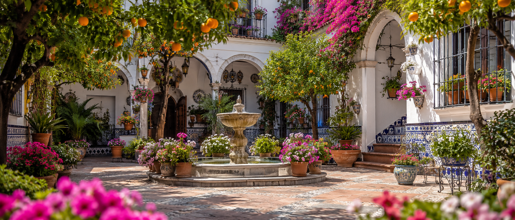 Andalusian patio with fountain and tiled archway