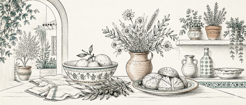 Traditional Andalusian food and pottery line-art