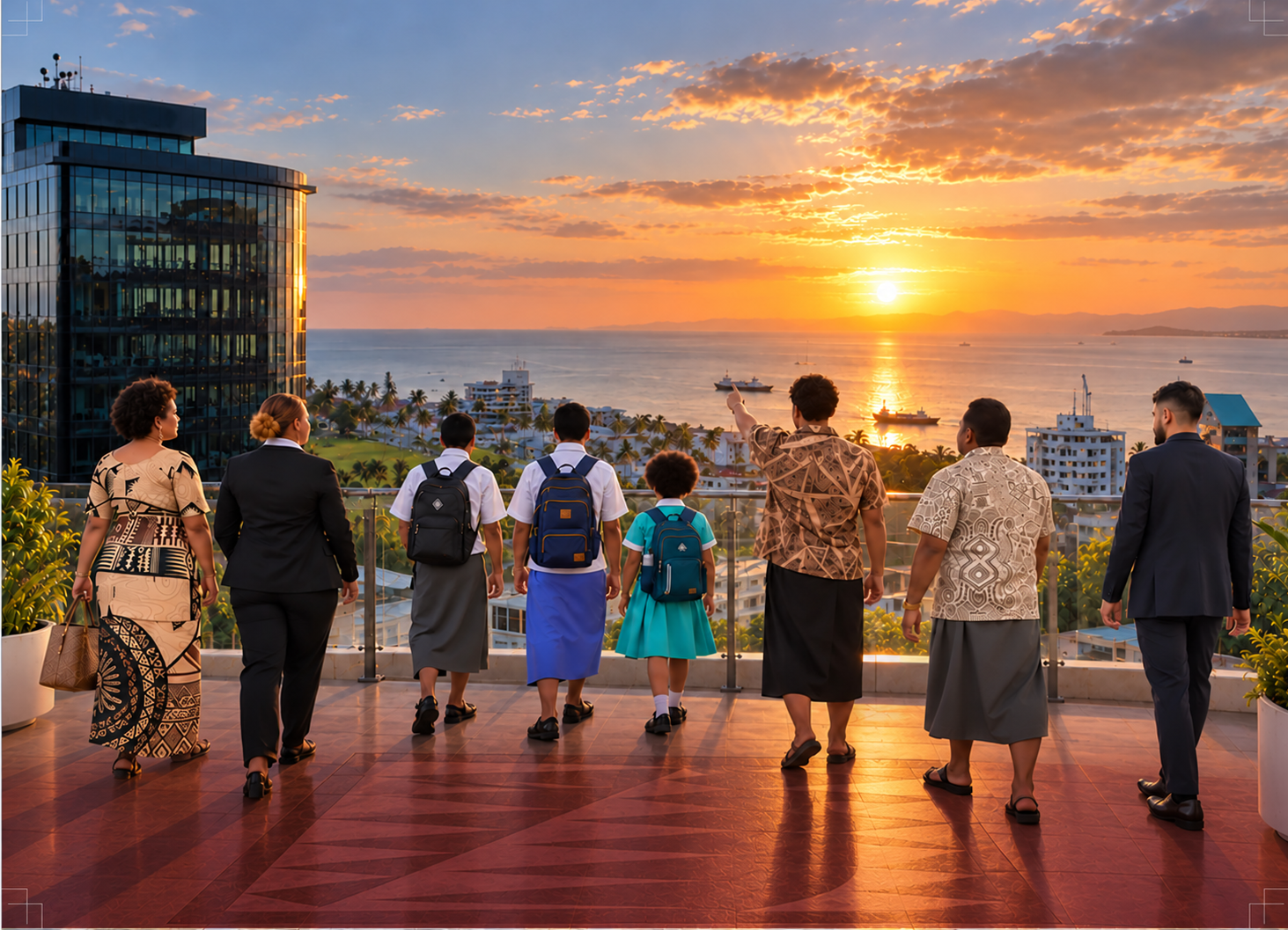 A group of Fijians looking out over a coastal city at sunset