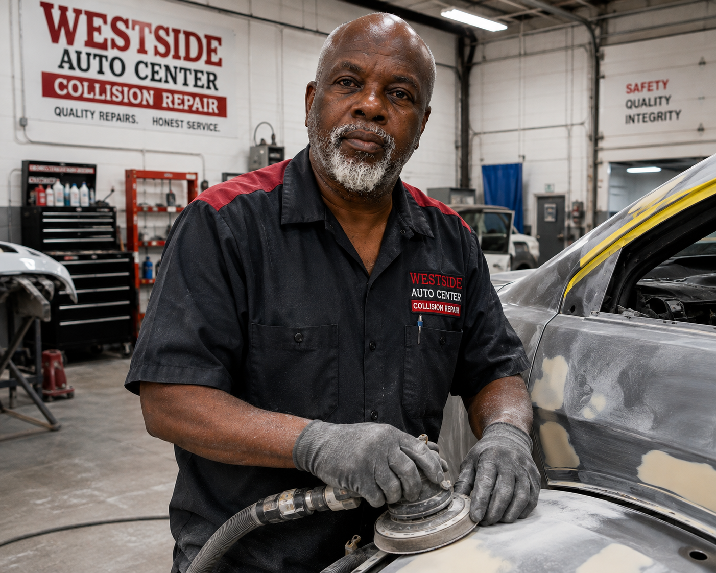 Westside Auto Center collision repair professional working in the body shop