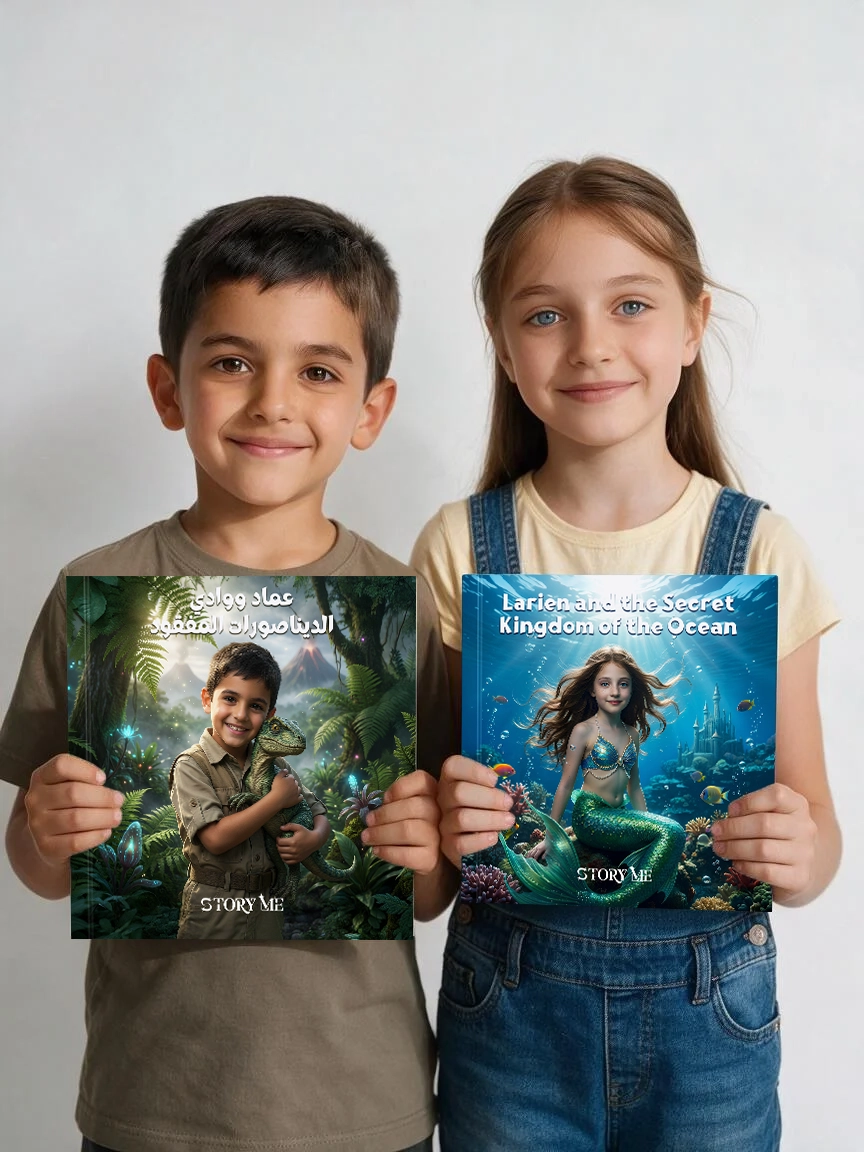 Two children holding their personalized StoryMe storybooks