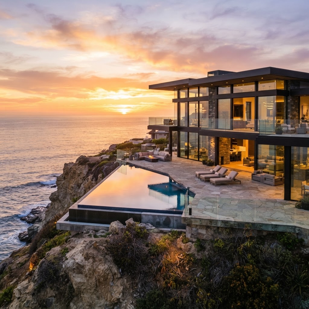 A luxury contemporary home at sunset overlooking the ocean