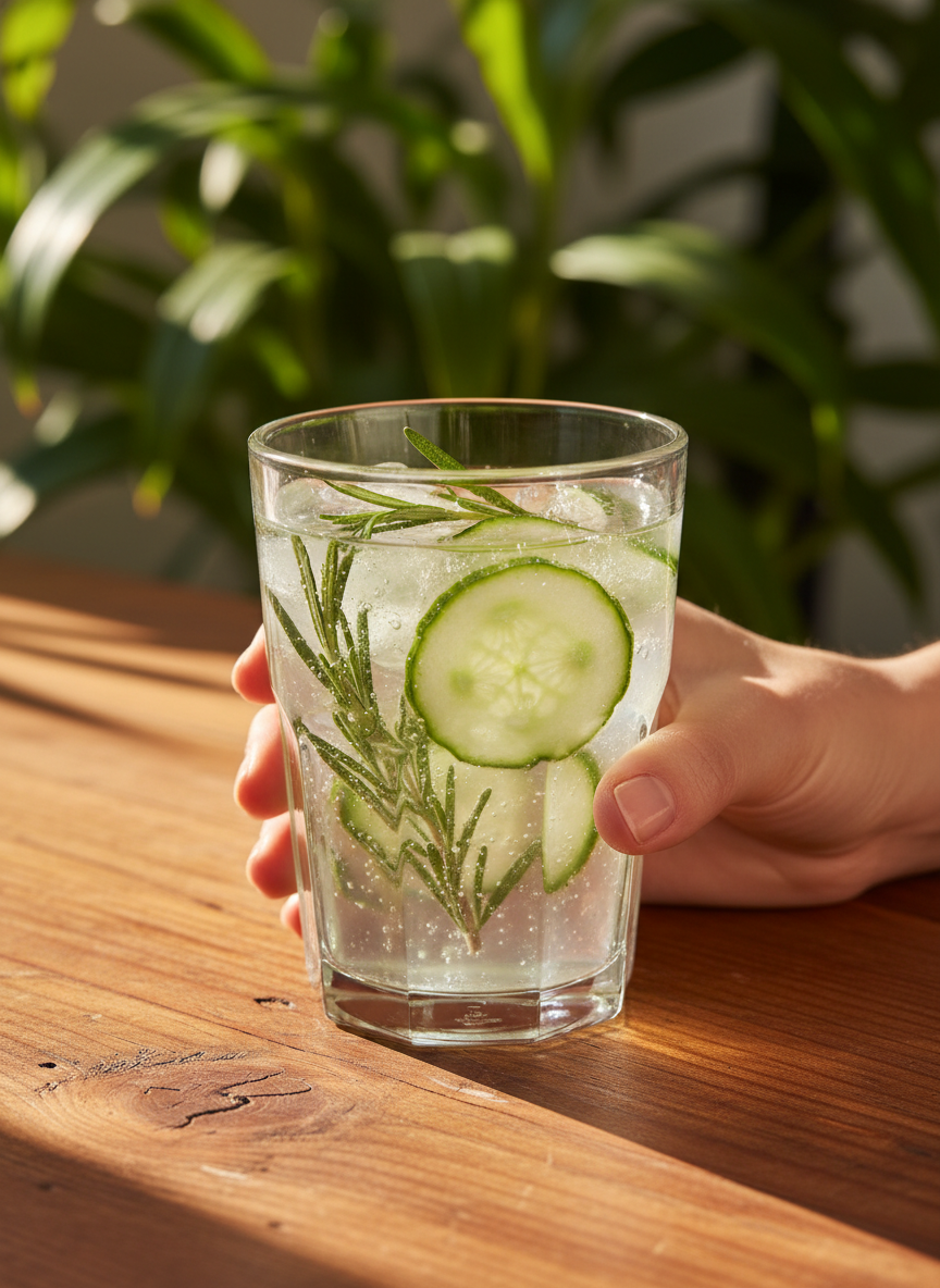 Wellness moment with herb-infused water in botanical setting