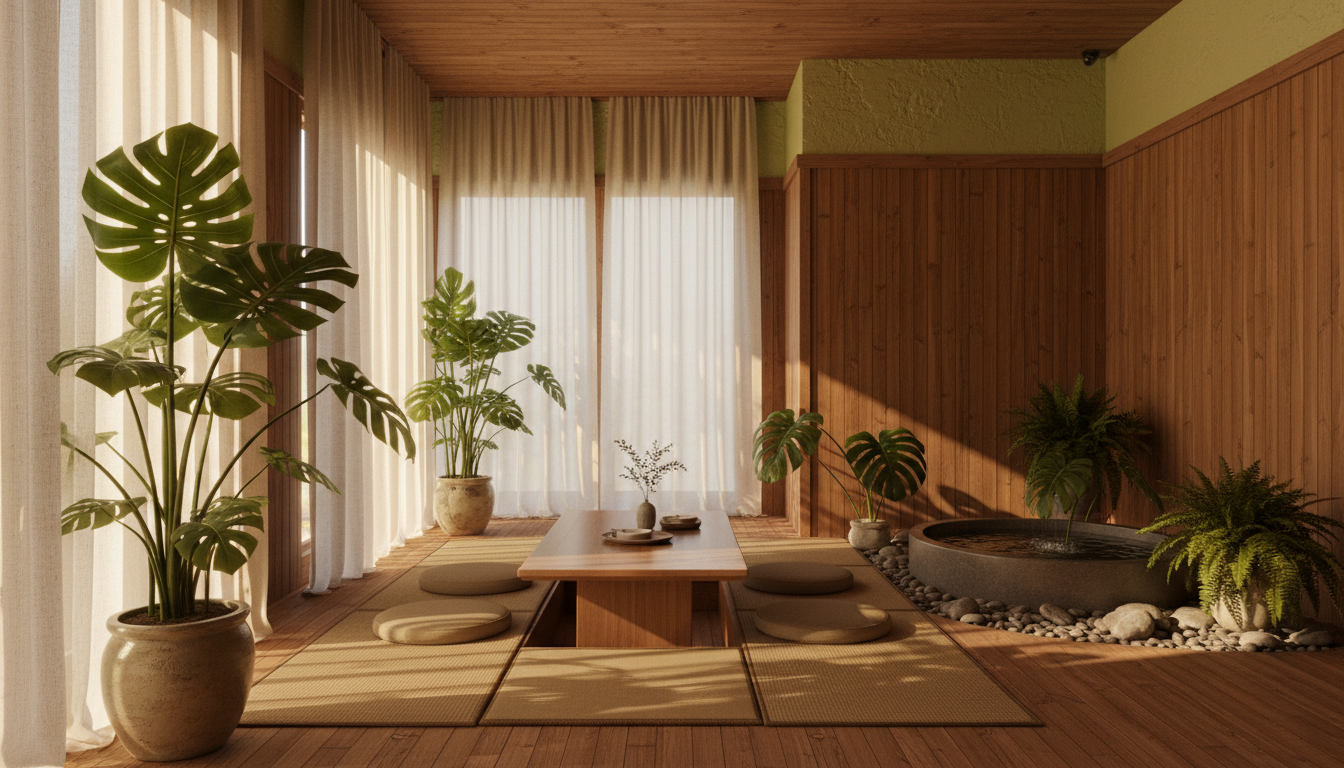 Warm botanical wellness clinic interior with natural light