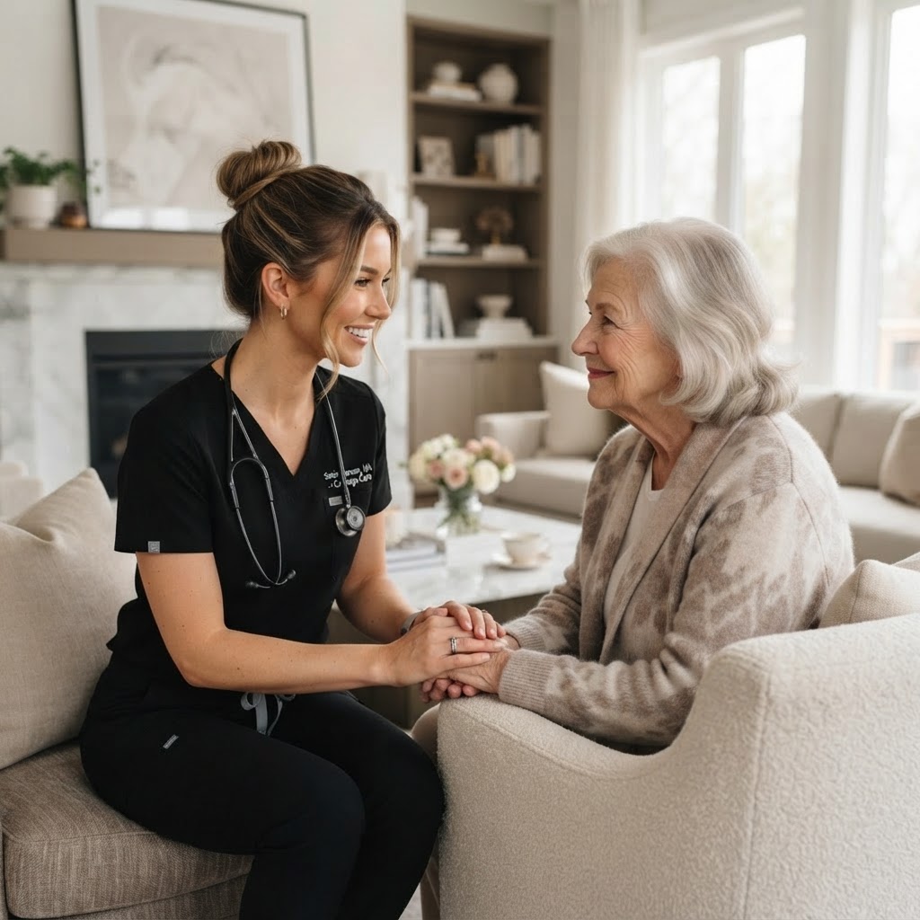 Caring nurse supporting an elderly woman