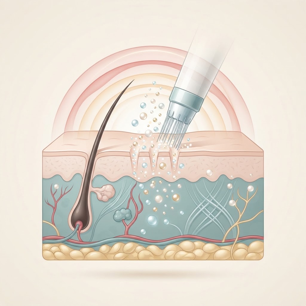 Illustration of microneedling with nutrient infusion and oxygen therapy on the scalp