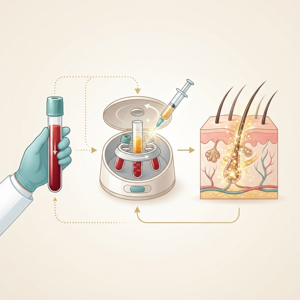 Illustration of blood being processed into platelet-rich plasma and delivered to hair follicles