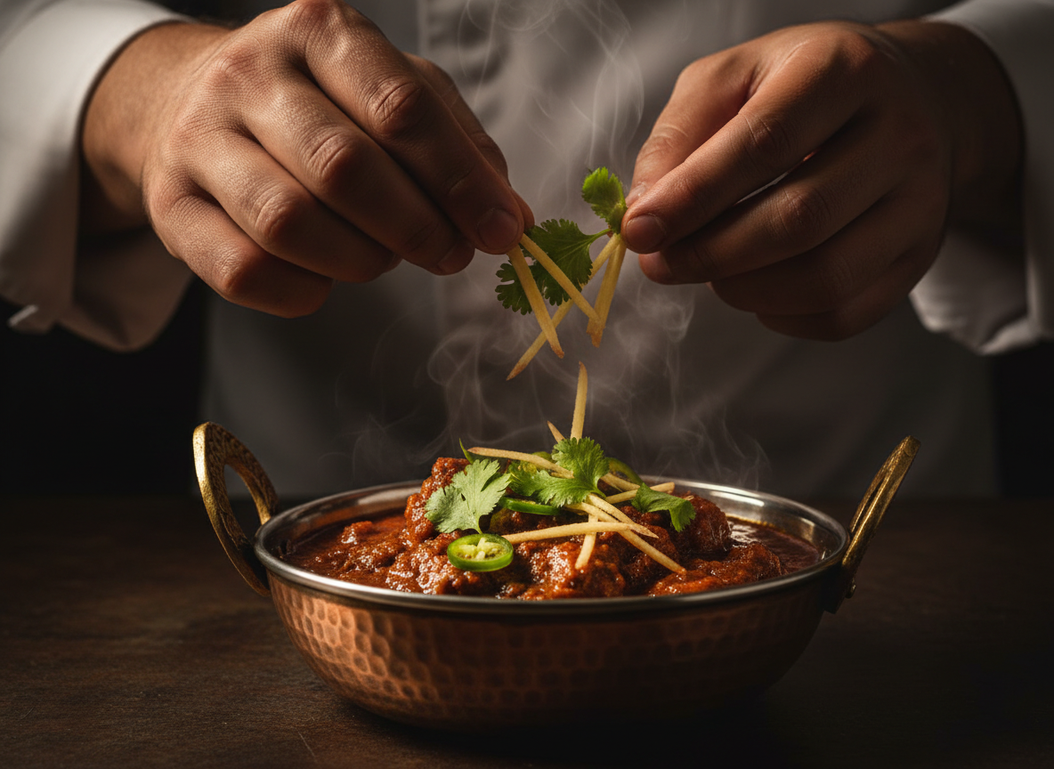 Chef artfully garnishing a Pakistani dish