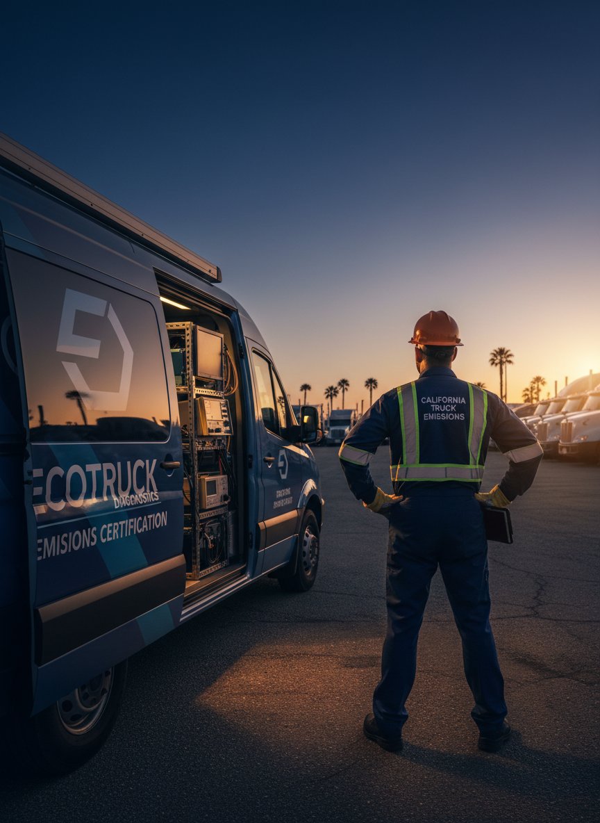 Emissions specialist standing next to mobile diagnostic equipment
