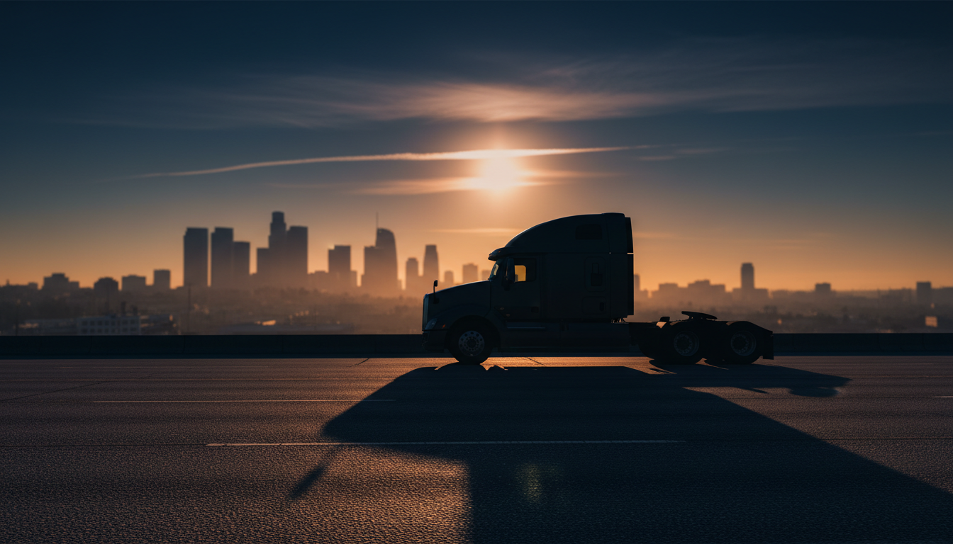 Heavy-duty truck silhouette against a Los Angeles skyline at golden hour