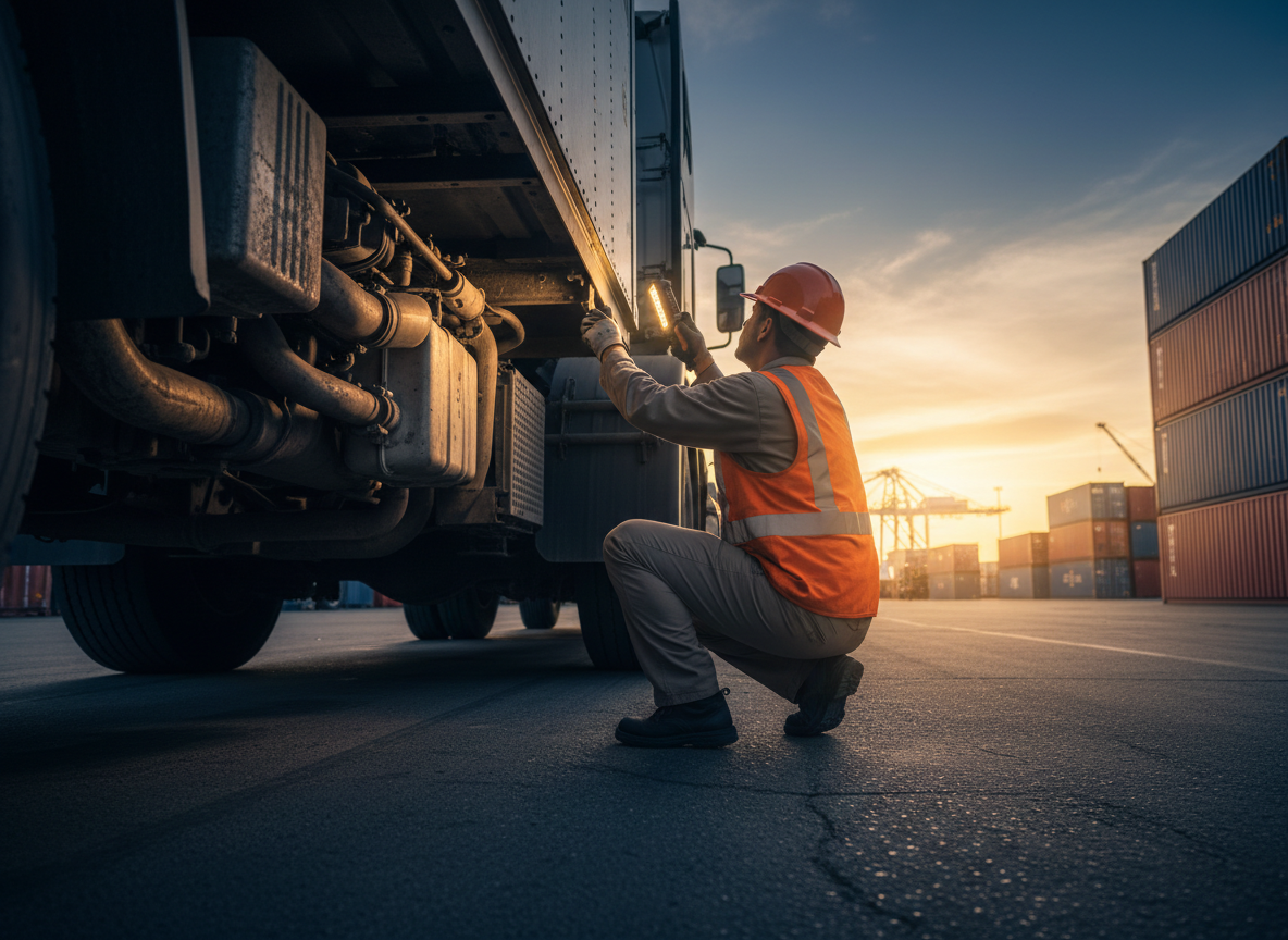 Professional technician inspecting emissions equipment on a heavy-duty truck
