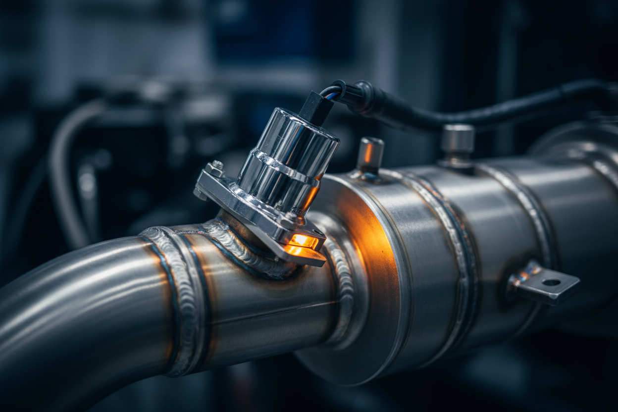 Close-up of diesel truck emissions sensor and engine components