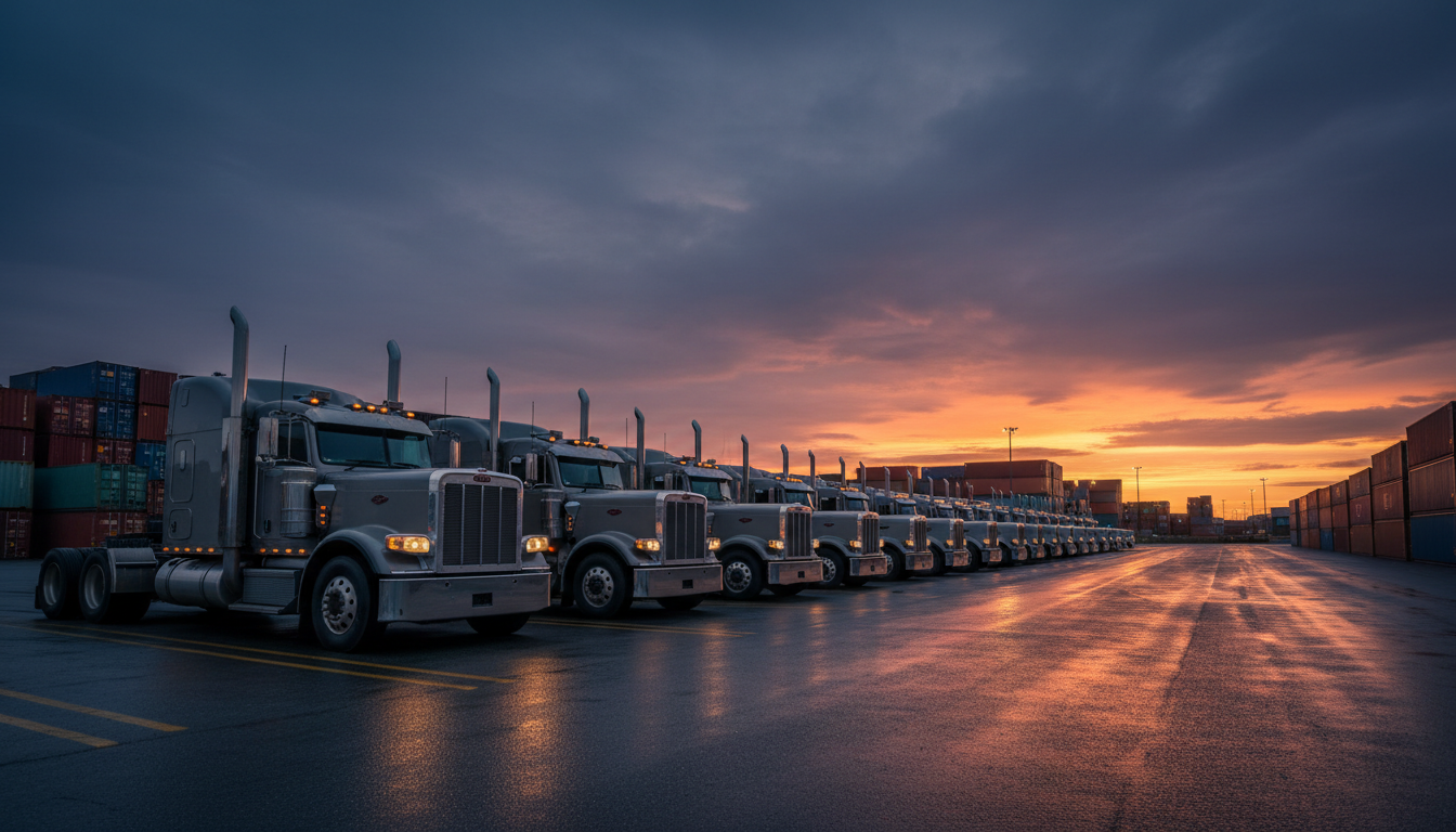 Fleet of heavy-duty trucks at a Southern California logistics yard at dusk