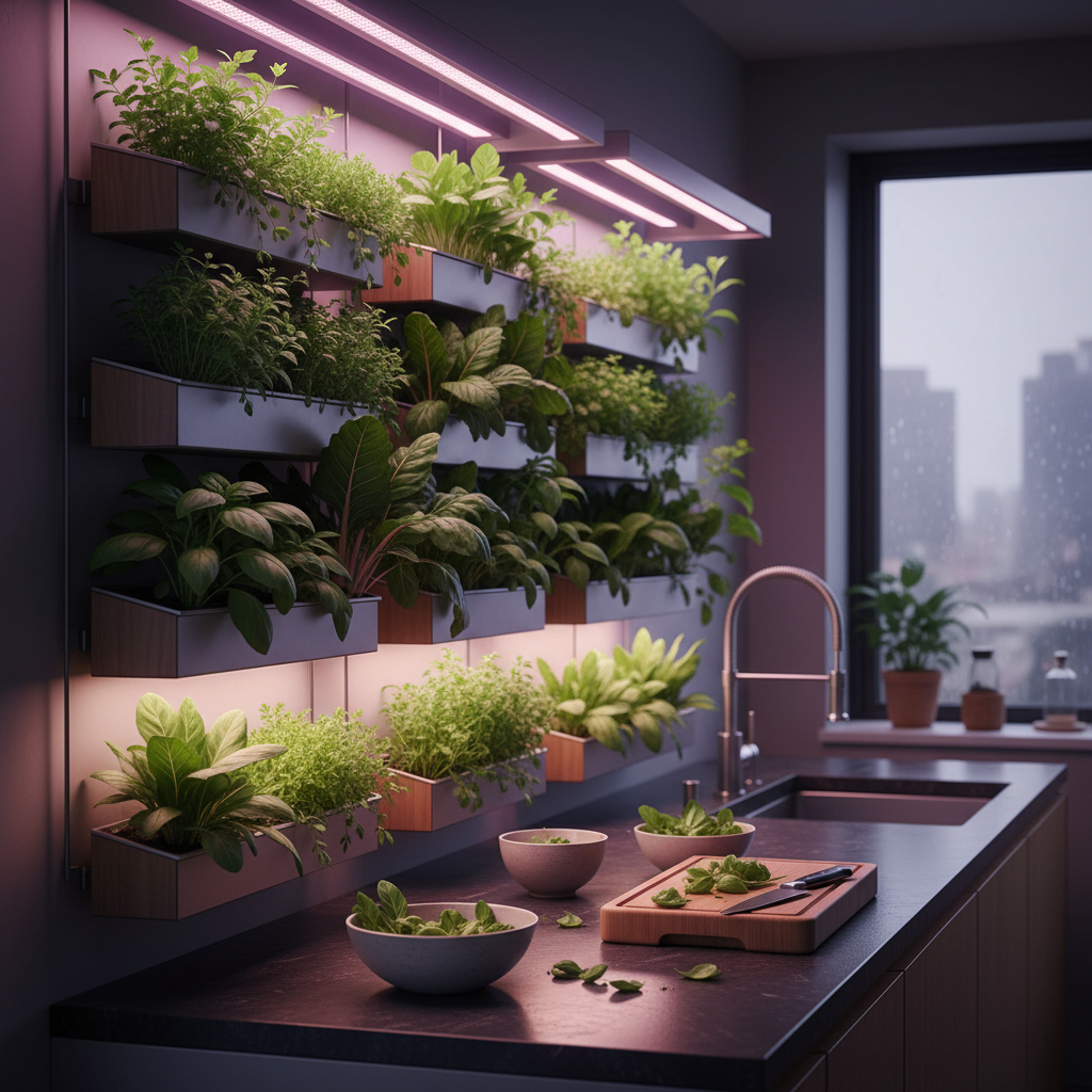 Lush indoor garden with herbs and vegetables growing under LED grow lights in a modern kitchen