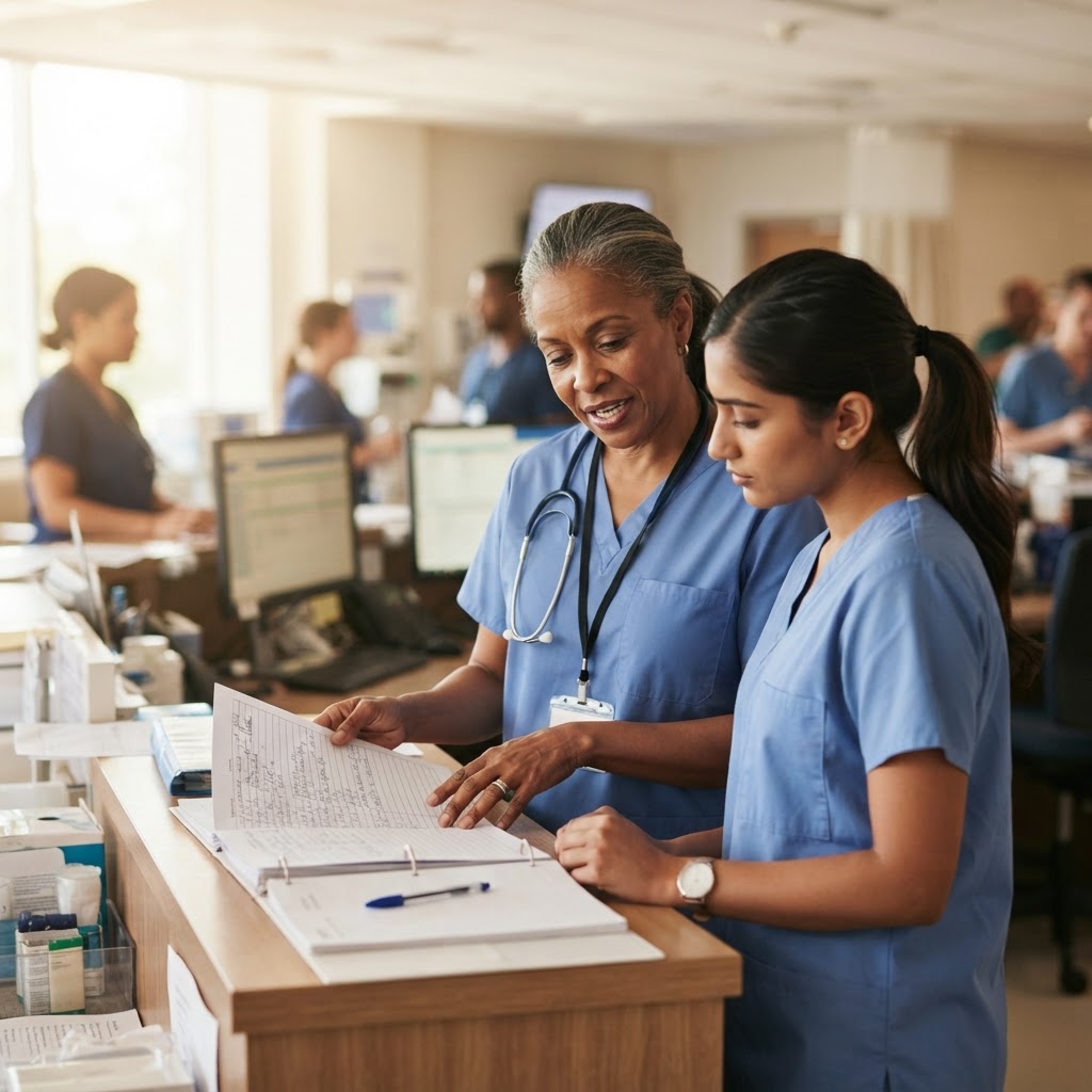 Experienced nurse mentoring a younger nurse while reviewing a patient chart at a hospital nursing station