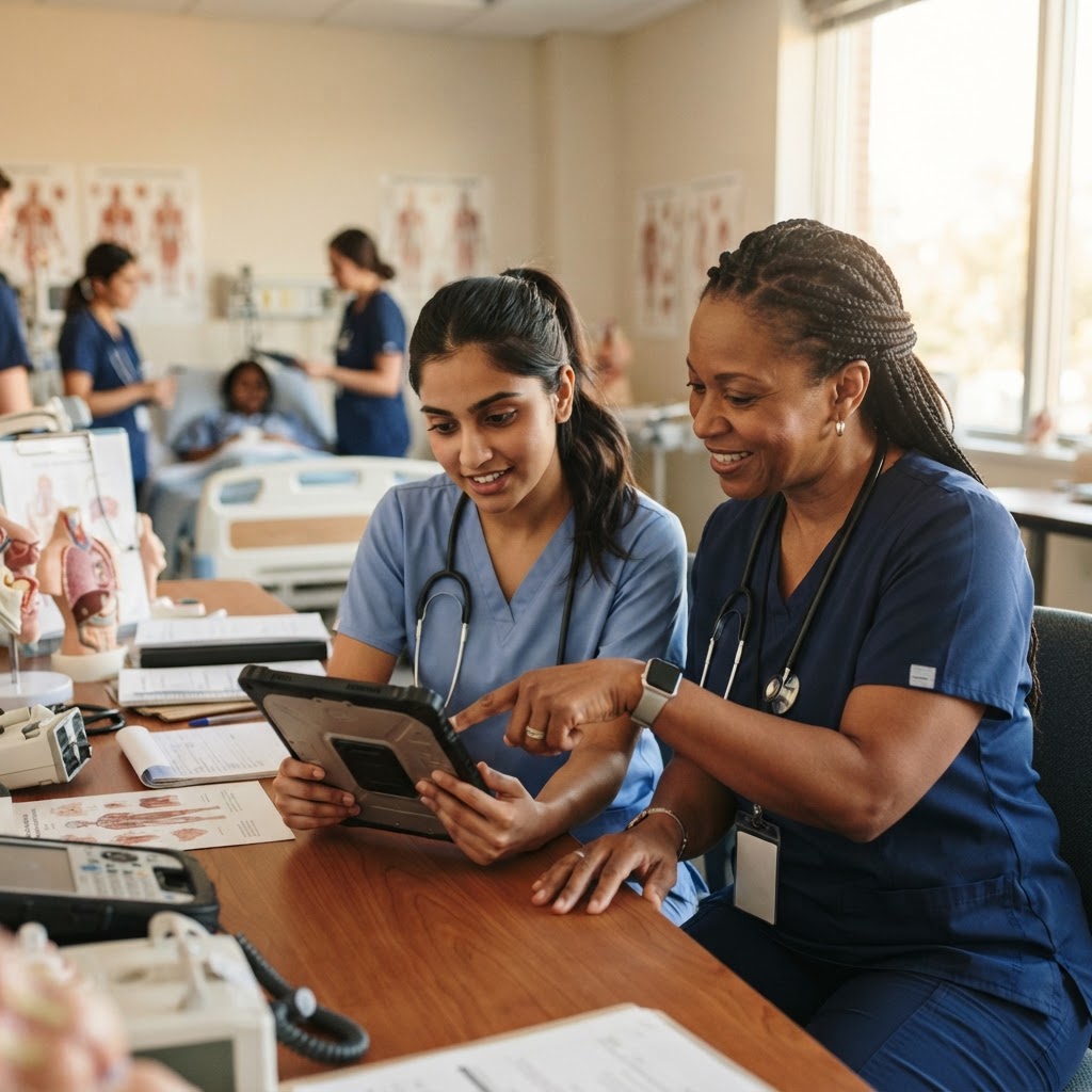Nurse educator mentoring a nursing student in a clinical setting