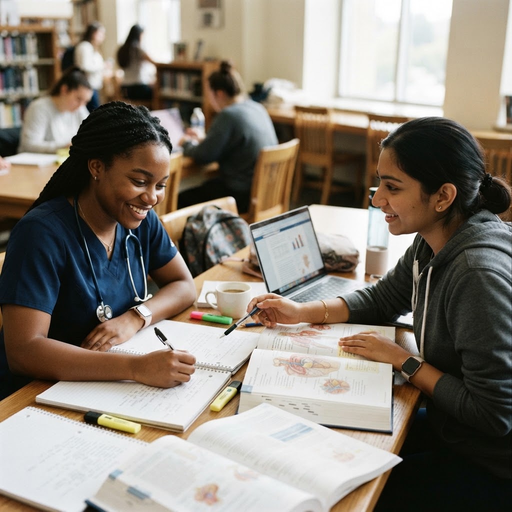 Two nursing students studying together with textbooks and a laptop in a bright study space