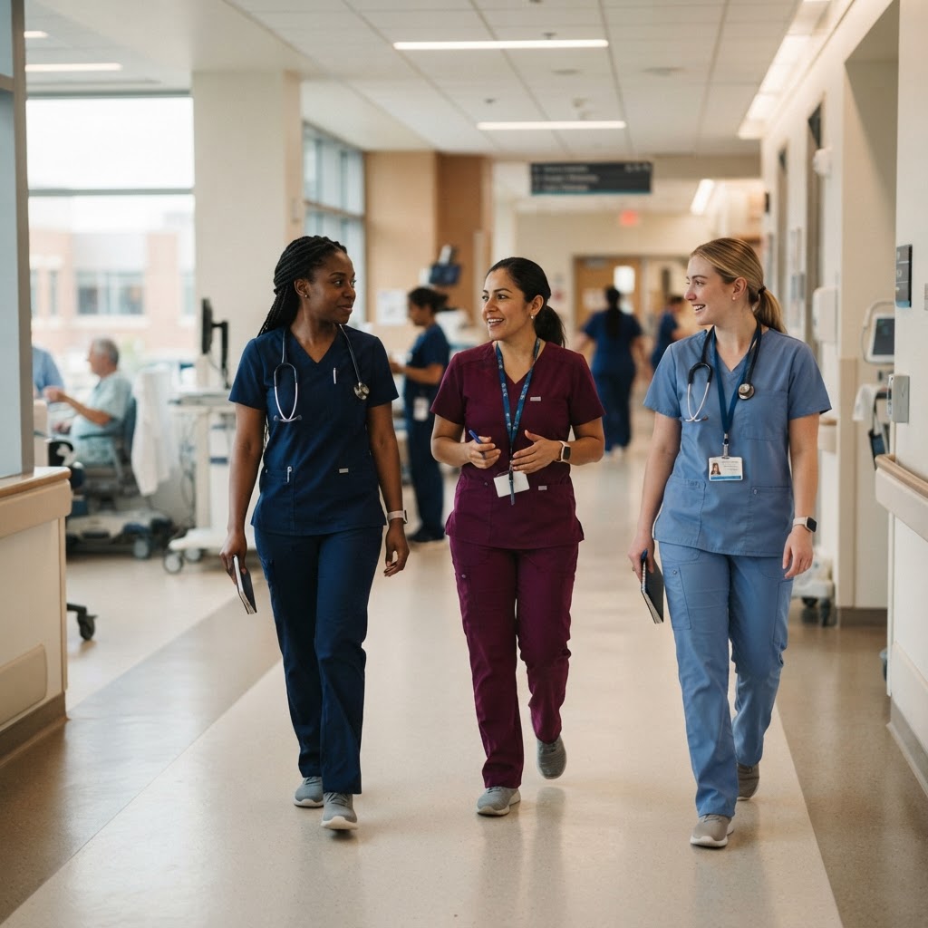 Diverse group of nurses walking together down a bright hospital corridor