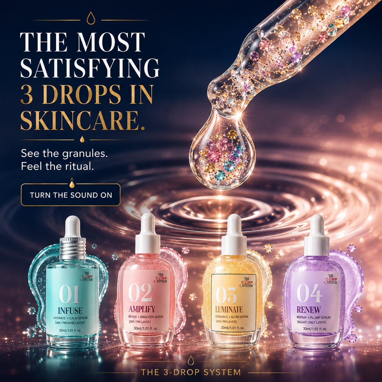 The 3-Drop Micro-Granule System — dropper with suspended granules and the four serums: 01 Infuse, 02 Amplify, 03 Luminate, 04 Renew