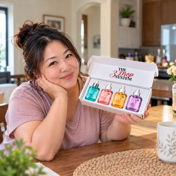 Woman in a mauve top showing the open The 3-Drop System box at a kitchen table