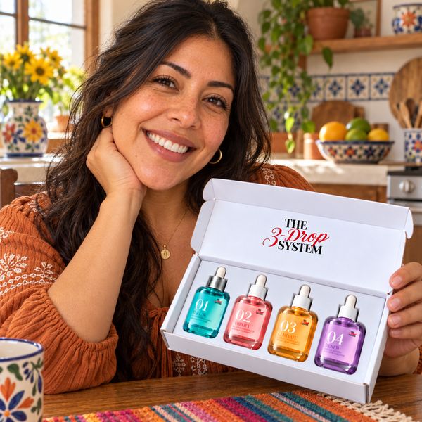 Woman in a terracotta top holding the open The 3-Drop System box at a sunlit kitchen table